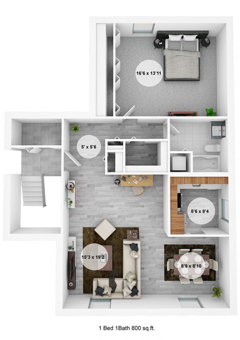 Floor plan for 1 bed, 1 bath, 800 sqft